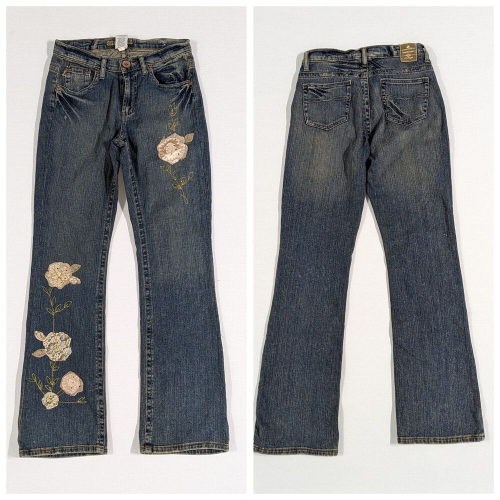 Z. Cavaricci Retro Size 8 Vintage Flare Blue Jeans with Floral Embellishments